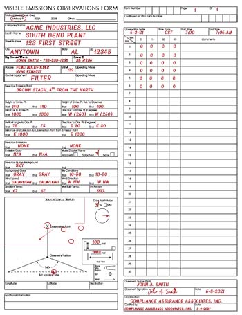 Completed Visible Emissions Form