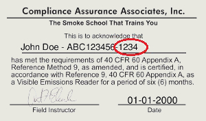 Certificate for 40 CFR 60 Appendix A, Method 9, Method 22, 203A, 203B, 203C opacity training